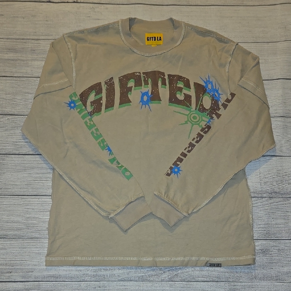 GFTD LA Eyes On Back Premium Long Sleeve T-Shirt Tan Size S NWOT